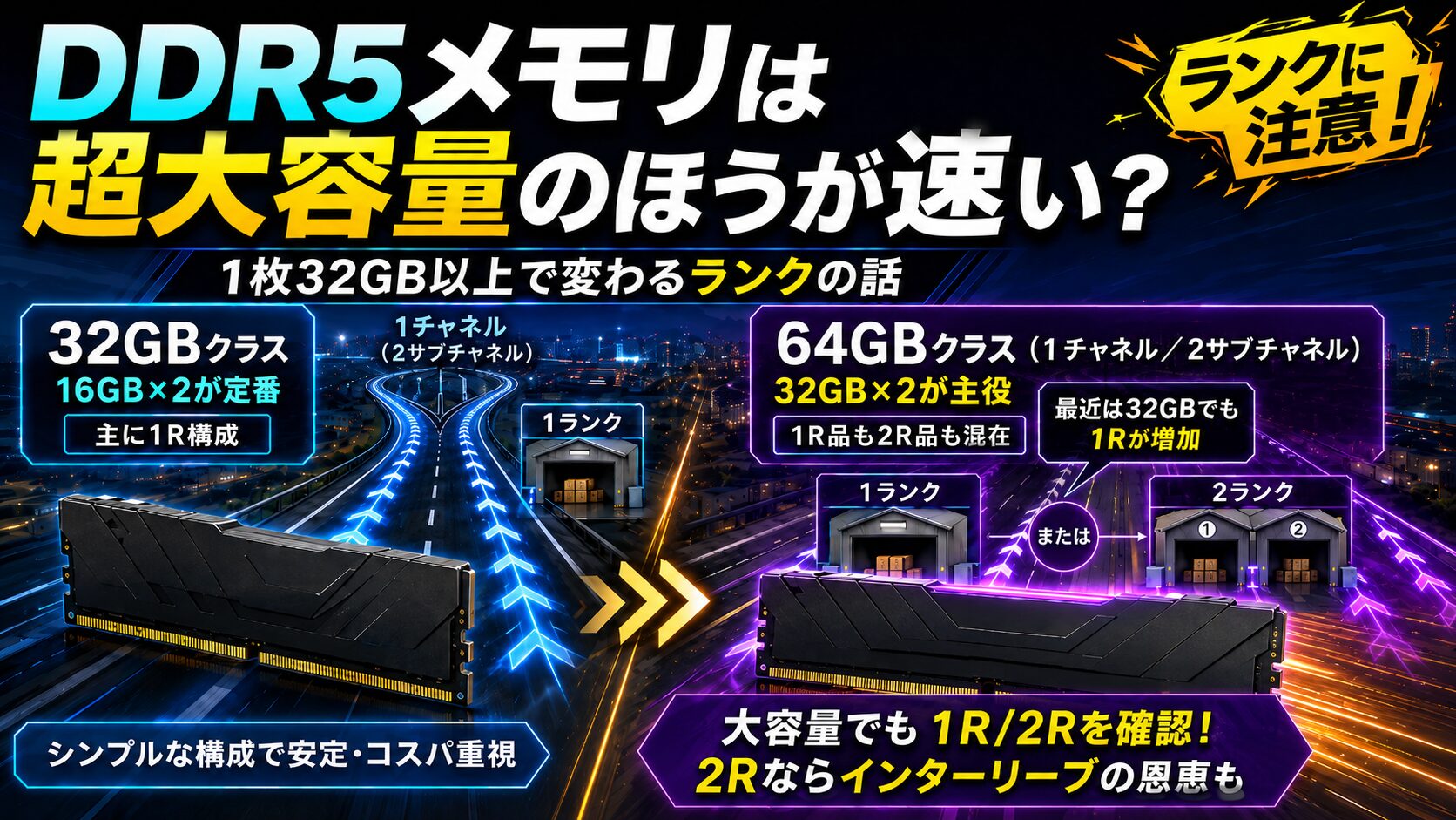 DDR5メモリは超大容量のほうが速い？ 1枚32GB以上で変わるランクの話